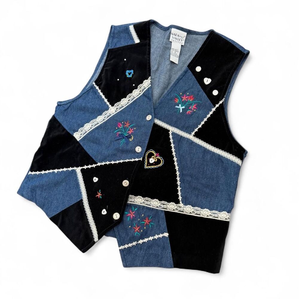 VTG Denim Velvet Lace Patchwork Vest